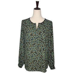 Talbots Black Peacock Feather Print Split Button Neck Long Sleeve Blouse Size M